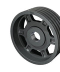 Heavy Duty 5 Groove Conventional Drive Sheave With Rock Solid Taper Lock Bushings For Top Shelf Power Transmission and Badass Grip Performance On Any Shop Floor, showcasing a durable black sheave with grooves.