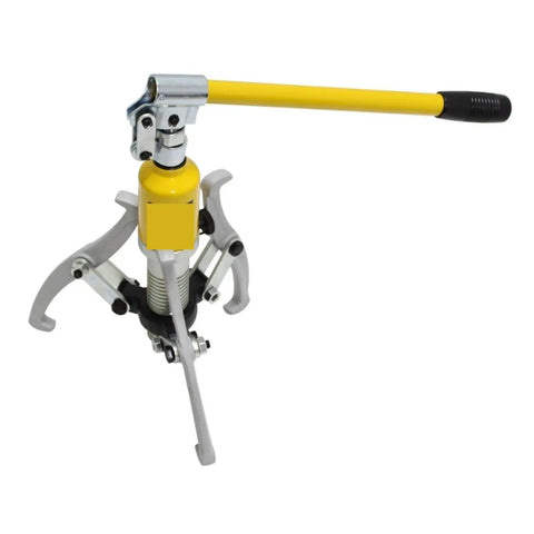 Pro Level Hydraulic Puller 5 Ton Capacity With Swappable Two And Three Claw Jaws Heavy Duty Bearing Hub Remover showing yellow handle and silver claws