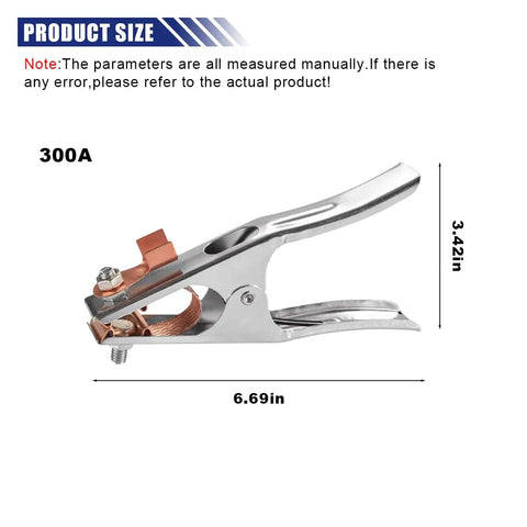 Image of Two Pack 300A Welding Ground Clamp Set, Heavy Duty Welder Ground Cable Grip With Copper Plated Jaw showing size dimensions.