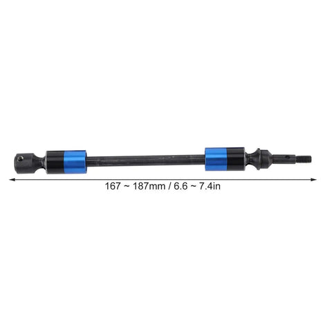 Beefy Hardened Steel Driveshaft Axles CVD Upgrade Kit For RC Cars shown with length 167-187mm and blue accents