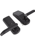 Kick Back And Relax With This Heavy Duty Smart Door Lock Boasting Instant Fingerprint Scan Plus Straightforward Password Entry And Smooth Phone App Hookup So You Can Easily Ditch Those Old House Keys At Your Front Door, black electronic lock with keypad and handle.