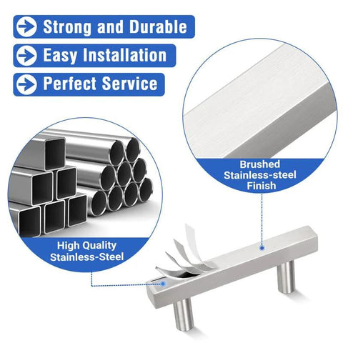 Stainless Steel Cabinet Handles 10 Pack With Satin Nickel Finish 4 Inch Overall Length And 2 1/2 Inch Hole Centers Square T Bar