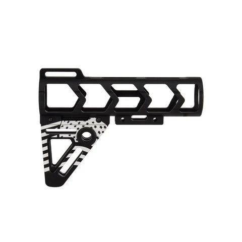 Patriot Fixed Stock For Airsoft, Lightweight Skeletonized Design In Black With White US Flag Pattern, side view