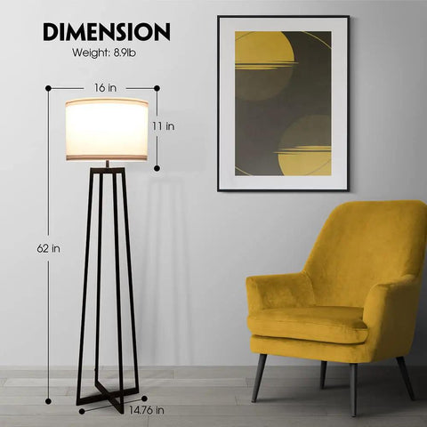 Tall 62 Inch Floor Lamp With Black Metal Base, White Fabric Drum Shade And 9W LED Bulb in modern living room setup