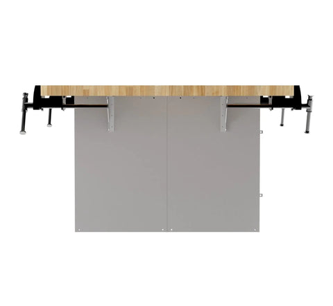 64 Inch Heavy Duty Workbench With Four Adjustable Bench Vises And Twelve Vertical Storage Lockers Top Shelf Maple Hardwood view from above