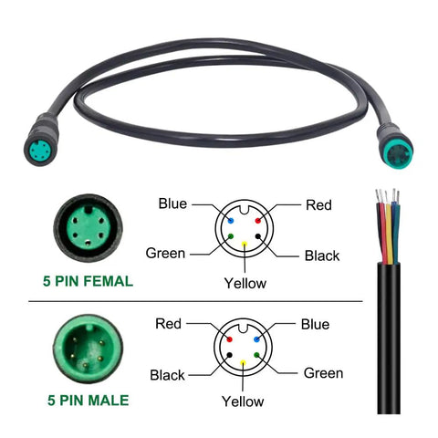 Extension Cable For Electric Bike Gear Sensor And Display, Waterproof IPX6 Connectors, 5-Pin Options, wiring diagram displayed
