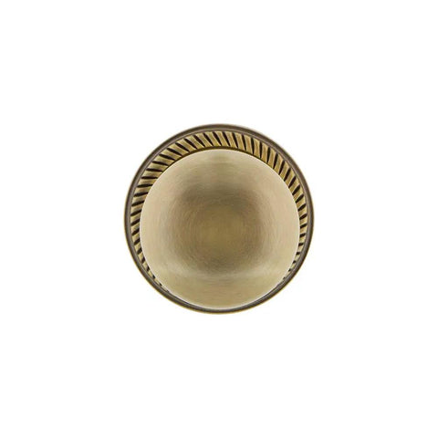 Top view of Rope Rosette Door Knob Set With New York Knob In Antique Brass, Passage Function detailing vintage style.