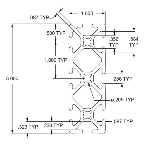 Technical diagram of 1 Inch By 3 Inch T Slot Aluminum Extrusion Kit For DIY Linear Rail And Motion Projects 10 Series