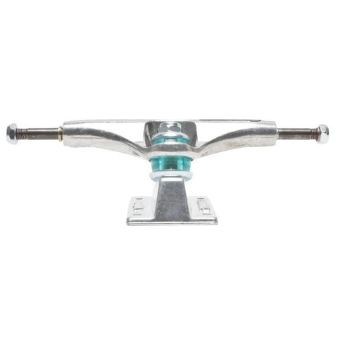 Front view of polished hollow light skateboard truck 147mm pro grade with hollow axles for street skating.