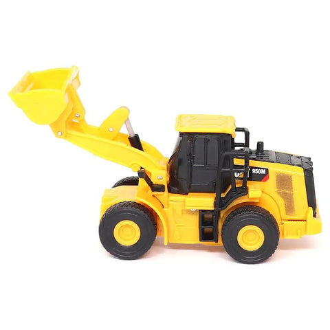 1:64 Scale RC Cat 950M Wheel Loader Toy Truck - Battery Powered, Plastic Construction, Realistic Yellow Beefy Mini Rig For Collectors And Kids, Model 26003, side view