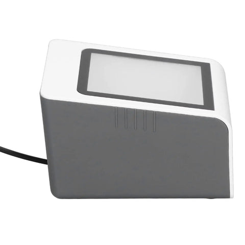 Desktop Barcode Scanner With Fast Identification White USB Wired QR Code Reader angled side view