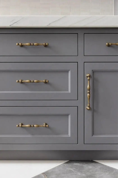 Antique Brass Cabinet Pulls Set Of 6, 5 Inch Center Drawer Handles on gray cabinets, showcasing Vintage Kitchen Cabinet Hardware With Old School Vibe