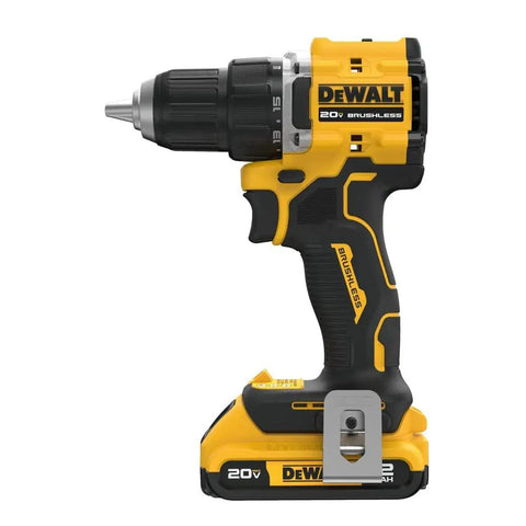 No Fuss Hella Slick 20V Max Brushless Cordless Drill Driver Kit With Compact Atomic Frame And One Half Inch Chuck Including 2Ah Lithium Ion Battery side view showing brushless motor and grip.