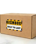 GIZMBOX cardboard box labeled 'Built to Last' on a white surface, showcasing durable packaging design.
