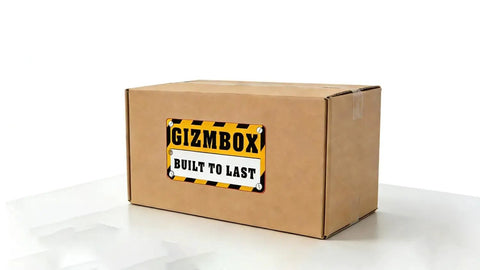 GIZMBOX cardboard box labeled 'Built to Last' on a white surface, showcasing durable packaging design.