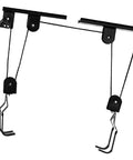 Heavy Duty Overhead Hoist And Pulley System With Sixty Kilogram Capacity showing steel hooks and black pulleys
