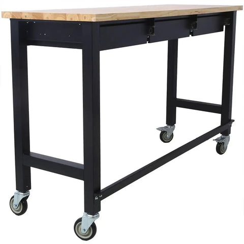 Heavy Duty Rubber Wood Top Workbench On Rolling Steel Frame With Drawers 60 Inch Garage Workshop Table With Locking 4 Inch Casters