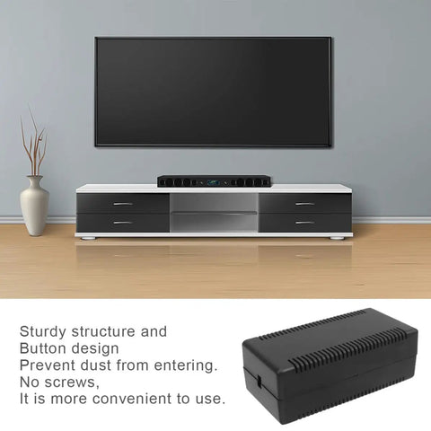 Sturdy Black Abs Plastic Junction Boxes For Electrical Components featuring Dust Proof Button Design With No Screws on a table near a TV.