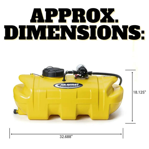 15 Gallon Gold Spot Sprayer With Prime Pump For Ag And Weed Control, yellow poly tank dimensions 32.688x18.125 inches.