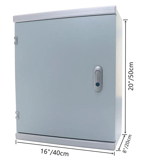 Front view of Heavy Duty Cold Rolled Steel Electrical Enclosure Box 20 By 16 By 8 Inches For Outdoor Or Indoor Use IP66 Weatherproof With Mounting Plate