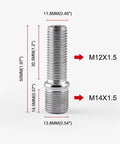Heavy Duty 20 Pack M14x1.5 To M12x1 Extended Wheel Stud Conversion Adapter Kit With 32mm Shank And 50mm Length For Smooth Ride On Cars With 14x1 Thread Bolts, shown with size labels
