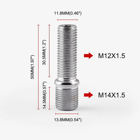 Heavy Duty 20 Pack M14x1.5 To M12x1 Extended Wheel Stud Conversion Adapter Kit With 32mm Shank And 50mm Length For Smooth Ride On Cars With 14x1 Thread Bolts, shown with size labels