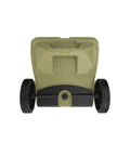 Back view of 40 Quart Desert Tan Cooler With Heavy Duty Wheel Kit Rugged Rotomolded Ice Chest for outdoor adventures, Made in USA.