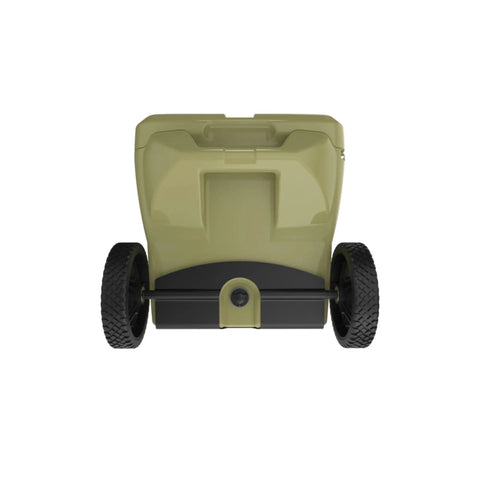 Back view of 40 Quart Desert Tan Cooler With Heavy Duty Wheel Kit Rugged Rotomolded Ice Chest for outdoor adventures, Made in USA.
