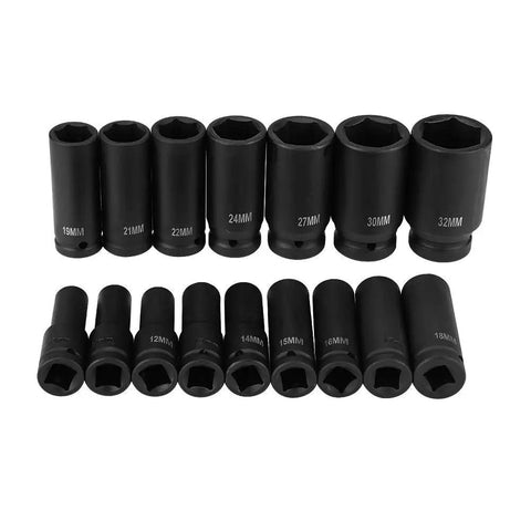 Heavy Duty 16 Piece 1/2 Inch Drive Hex Bit Socket Set Range From 10mm To 32mm, Premium CrMo Steel Heat Treated Air Impact Repair Tool Kit For Auto Maintenance And Hard Hitting Jobs; 19mm to 32mm sockets