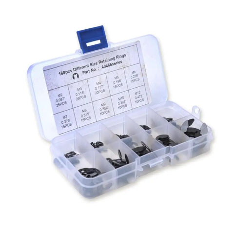 160 Piece E Clip Assortment Kit With External Retaining Rings In Ten Sizes From 2 To 12 MM Black Metal Snap Clips In Case For Handy DIY Repairs Maintenance And Assembly Projects open case with assorted black metal E-clips
