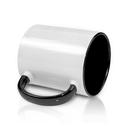 Set Of 9 White Ceramic Sublimation Mugs With Black Inner And Handle, shown tilted with glossy finish