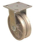 Built Tough Rigid Plate Caster Featuring 4 Inch Cast Iron V Groove Wheels With 2 Inch Width for heavy equipment use.