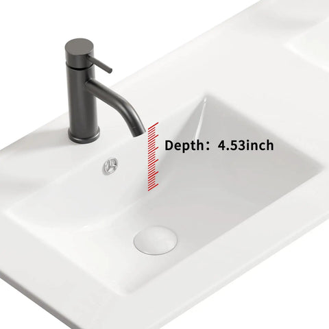 HAOCHRYSYPH Double Bowl Ceramic Sink, Milk White, 47.64 x 18.12 x 6.7 in, detailed view of depth measurement 4.53 inches.