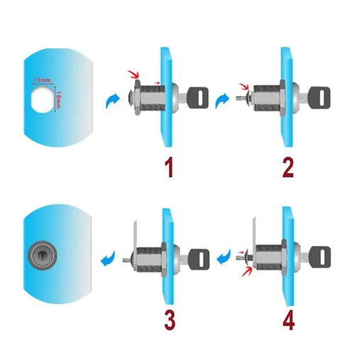 Cam Lock For Drawer And Cabinet Hardware, steps showing installation of 16mm gold latch lock for locker and cupboard.