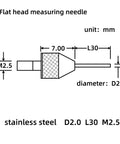 Flat head measuring needle diagram with dimensions in mm; stainless steel, D2.0, L30, M2.5.