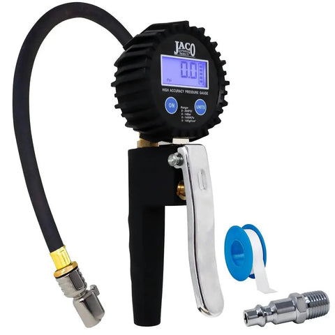 FlowPro 2.0 Digital Tire Inflator with Pressure Gauge 200 PSI ANSI Grade 1A Accuracy showing display and accessories.