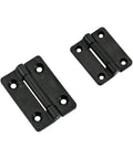 Front view: pair of black small torque damping cabinet door hinges with screw holes