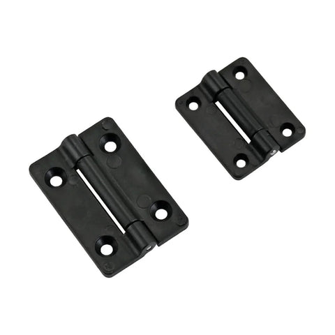 Front view: pair of black small torque damping cabinet door hinges with screw holes