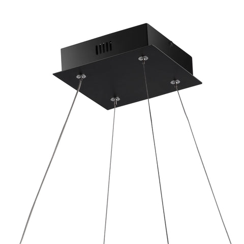 Bottom view of Black 15.75 Inch Modern Square Integrated LED Pendant Light Fixture hanging by wires