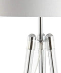 Close-up of 60 Inch Chrome Arliss Tripod LED Floor Lamp With Crystal Accents Modern Glam Standing Light Featuring White Linen Drum Shade