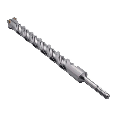 Side view of SDS Plus masonry drill bit, 1-1/2 inch diameter by 23.6 inches, carbide-tipped for concrete