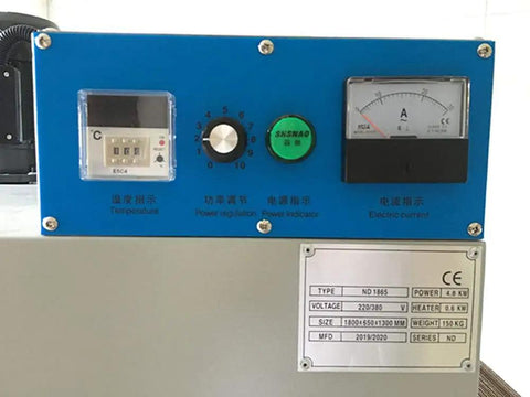 Control panel of Heavy Duty Screen Printing Conveyor Dryer 220V 4800W With 5.9 Ft By 25.6 In Belt, showing dials and indicators