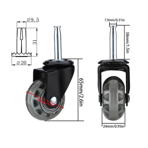Side view of Floor Friendly 2 Inch Rubber Caster Wheels Set Of 4 With Grip Neck Stem Sockets For Furniture And Vacuum Cleaners diagram