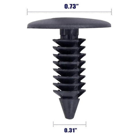 Universal Golf Cart Fastener Push Rivets Set 100 Piece Xmas Tree Clips showing one plastic rivet with dimensions