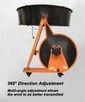 Heavy Duty Industrial Circulator Fan With 85Cm Steel Blades And 500W Motor For Straight Shot Warehouse Ventilation and No Sweat Barn Cooling Featuring Tough Rolling Wheels, showcasing 360° direction adjustment feature.