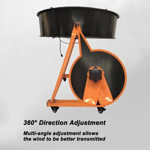 Heavy Duty Industrial Circulator Fan With 85Cm Steel Blades And 500W Motor For Straight Shot Warehouse Ventilation and No Sweat Barn Cooling Featuring Tough Rolling Wheels, showcasing 360° direction adjustment feature.