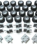 Wheel Tire And Axle Set Grey 72 Piece For City Builds And Vehicle Creations With 24 Axles 2X2 Light Bluish Grey 24 Black Tires And 24 Light Gray Wheels Ships In Clear Poly Bag For Easy Setup displayed unassembled on white surface.