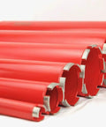 Red diamond wet core drill bit set, 1–6 inch sizes, lined up with silver diamond segments at the ends