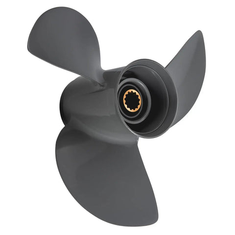 Aluminum outboard boat propeller for 35 to 60 HP motors three blade right hand rotation gearcase thirteen spline diameter eleven and one eighth inches pitch fourteen inches