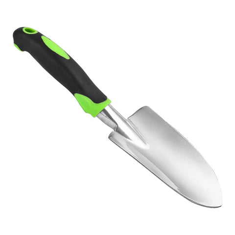 Heavy Duty Cast Aluminum Garden Hand Shovel And Trowel For Planting Transplanting Weeding And Digging Soil With Soft Rubberized Non Slip Grip Handle 11.8 Inch Green Workhorse Tool on white background